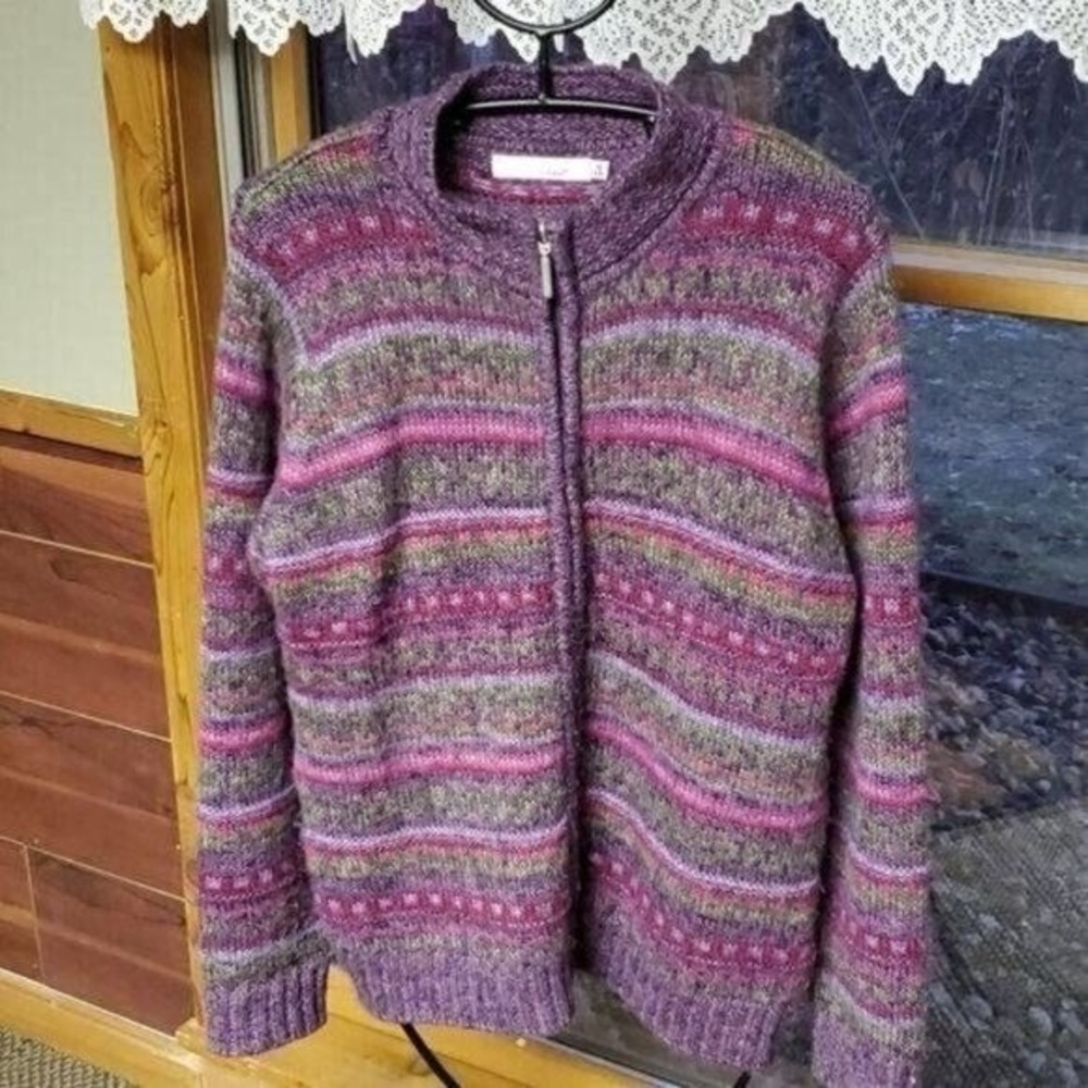 Style by EWM Women Purple Striped Wool Blend Full Zip Cardigan Sweater Size M - Picture 2 of 16